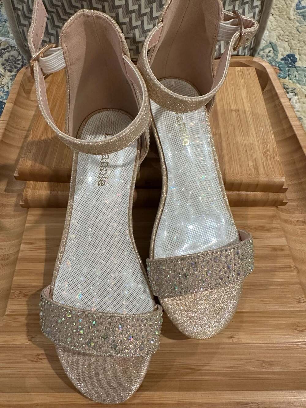 Dufannie Girls Glitter Rhinestone Ankle Strap Block Heel Dress Sandals, Size 1